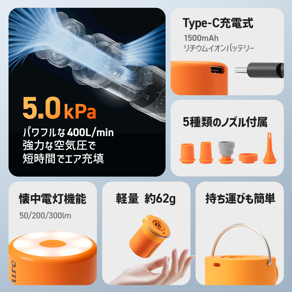 エアーポンプ エアポンプ 充電式 電動空気入れ 小型 軽量 キャンプ 吸引 ライト 照明 アウトドア エアーマット 浮き輪 ベッド対応 Qunature 関連画像2