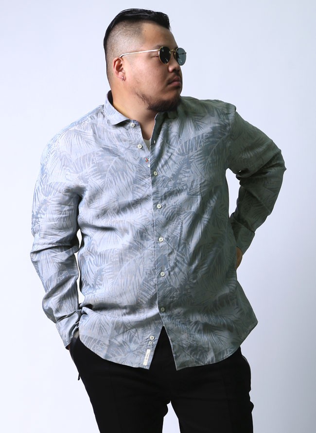 大きいサイズ 長袖シャツ カジュアルシャツ メンズ カッタウェイ GALLIPOLI(ガリポリ) ボタニカル柄 リネン 2L 3L 4L カジュアル 青 春 夏 |  | 01