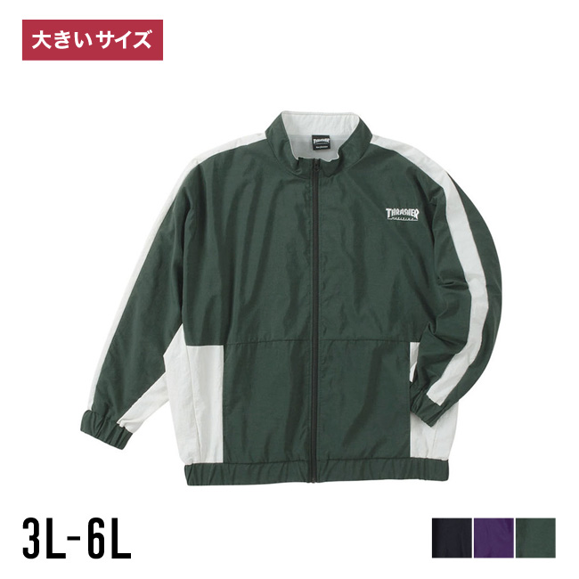 大きいサイズ メンズ ブルゾン  THRASHER ナイロン 裏メッシュ バックプリント スタンドカラー 刺繍 再帰反射テープ 3L 4L 5L 6L カジュアル 緑 紫 黒 春 秋 冬 | THRASHER