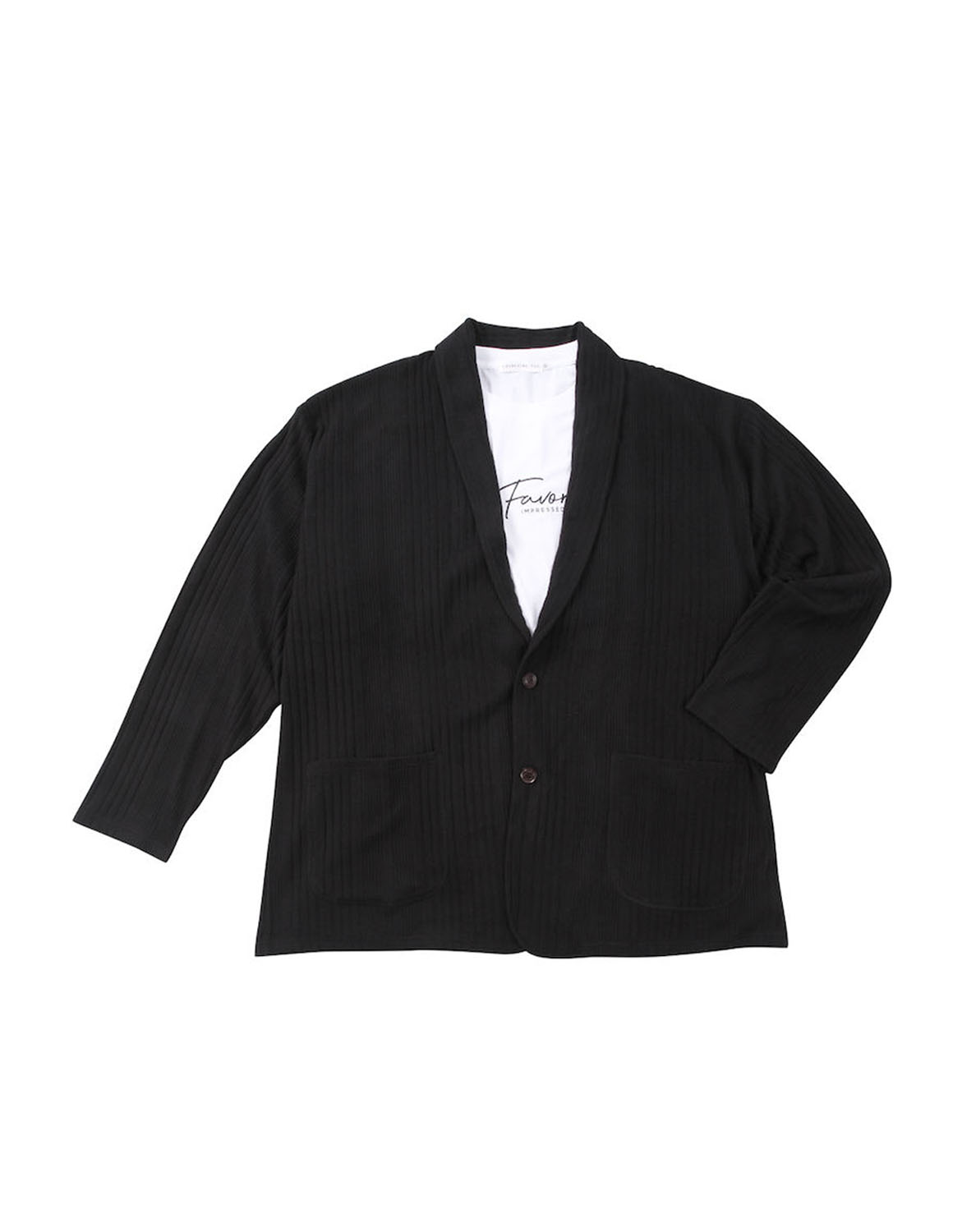 大きいサイズ メンズ  launching pad(ランチングパッド) 針抜きストライプ 長袖ショールジャケット 半袖Tシャツ セット 3L 4L 5L 6L カジュアル 紺 黒 春 秋 冬 |  | 02