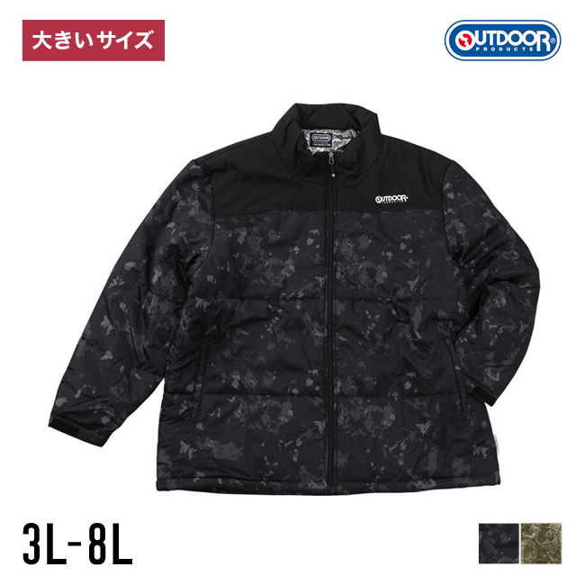 大きいサイズ 中綿コート メンズ  OUTDOOR PRODUCTS(アウトドア プロダクツ) デュスポ 背裏アルミ スタンドカラー 切替 総柄 3L 4L 5L 6L 7L 8L 緑 黒 春 秋 冬 | OUTDOOR PRODUCTS
