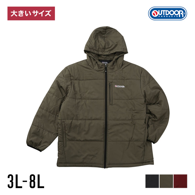 大きいサイズ 中綿コート メンズ  OUTDOOR PRODUCTS(アウトドア プロダクツ) デュスポ キルト フード スタンドカラー 刺繍 3L 4L 5L 6L 7L 8L 赤 緑 黒 春 秋 冬 | OUTDOOR PRODUCTS