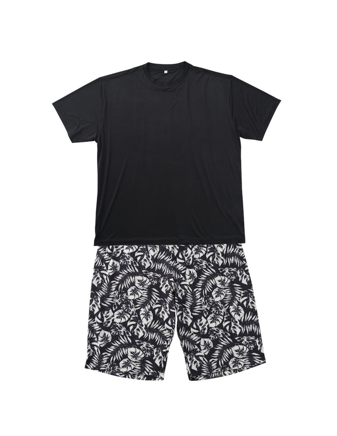 大きいサイズ メンズ 冷感 ベア 天竺 ストレッチ プリント 半袖Tシャツ+リーフ柄ハーフパンツ バックポケット 上下セット 3L 4L 5L 6L 7L 8L 紺 黒 春 夏 秋 |  | 02