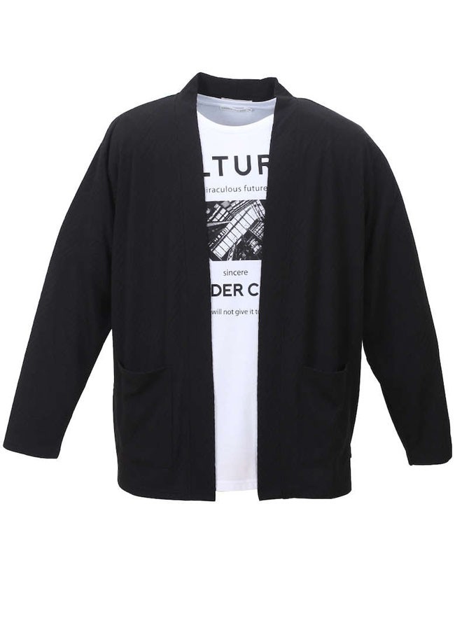 大きいサイズ カーディガン メンズ   ダイヤ柄 ジャガード織 ボタンレス 半袖Tシャツ付き 3L 4L 5L 6L   カジュアル 青　黒 春 夏 秋 |  | 02