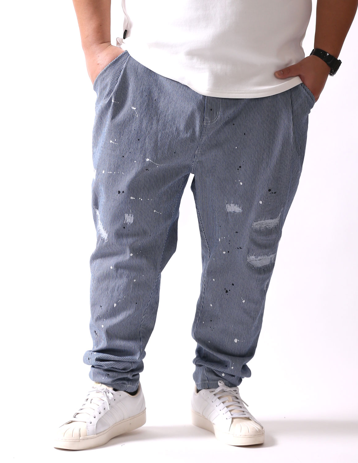 大きいサイズ ワイド テーパードパンツ メンズ QZILLA 感鯨 Hickory Splash! ダメージ ペンキ 加工 ストレッチ カジュアル 春 夏 秋 |  | 01