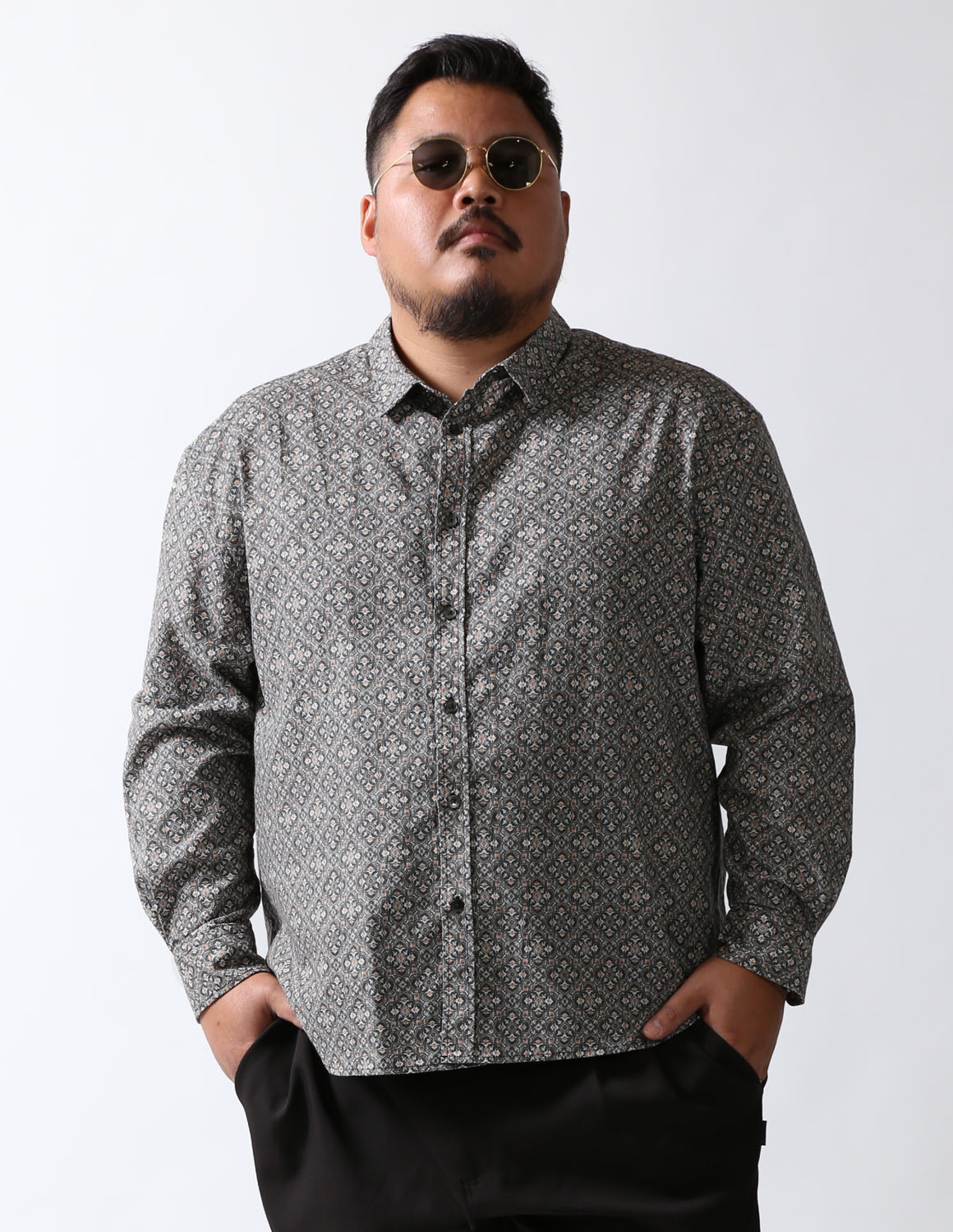 大きいサイズ 長袖シャツ カジュアルシャツ メンズ  QZILLA 白鯨 Retrogram 幾何学パターン 2L 3L 4L 5L カジュアル 春 秋 冬 2025AW |  | 02