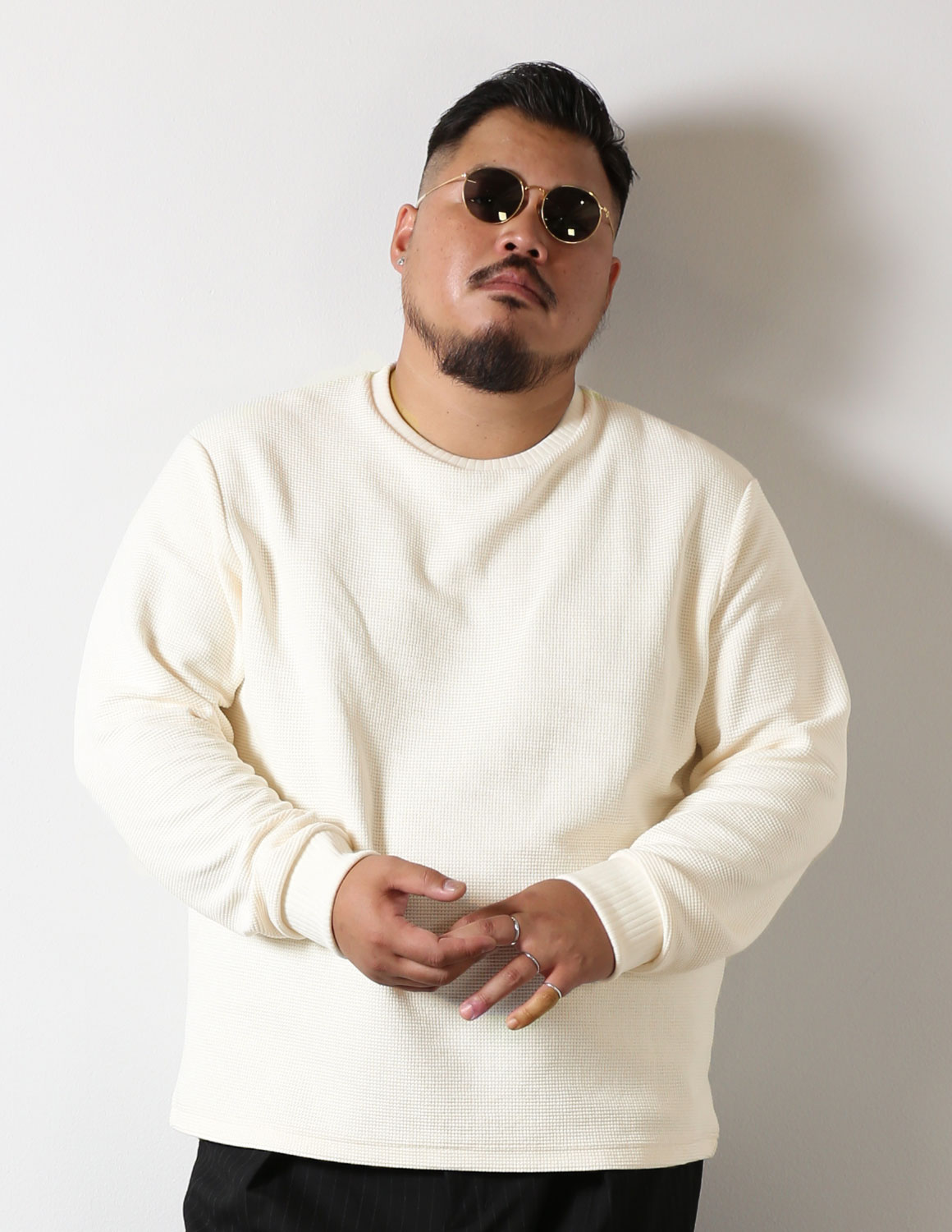 大きいサイズ 長袖 メンズ 魅了カットソー QZILLA Mellow WAFFLE ワッフル生地 襟・袖口リブ 美シルエット ハリ感 ブランドタグ 予約販売11月上旬発送予定 |  | 01