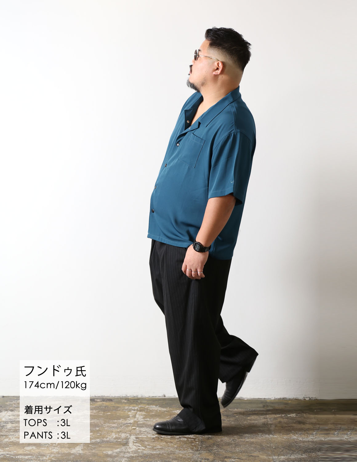 大きいサイズ 半袖 QZILLA ワイドシャツ ピンストライプパンツ 2点コーデSET カジュアル 2L 3L 4L 5L 黒 ベージュ 緑 青 春 夏 秋 |  | 04