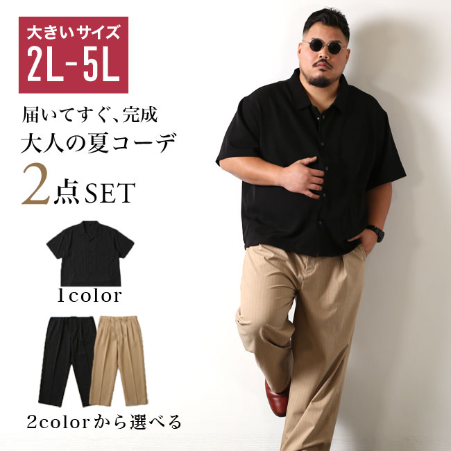 大きいサイズ 半袖 QZILLA ワイドシャツ ピンストライプパンツ 2点コーデSET カジュアル 2L 3L 4L 5L 黒 ベージュ 春 夏 秋 | 
