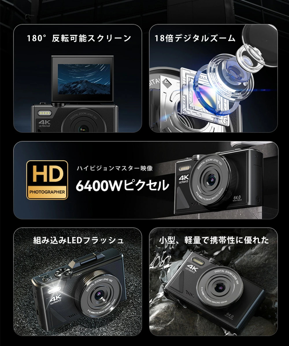 デジタルカメラ 4K 高画質 wifi対応 6400万画素 小型 18倍ズーム