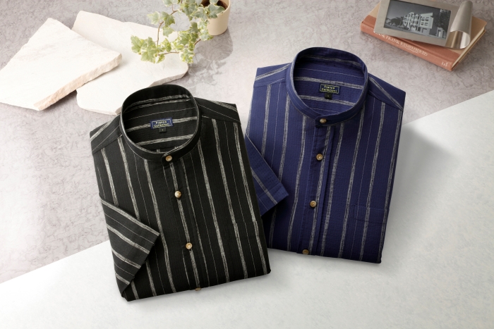 FC ストライプ柄しじら織 七分袖 スタンド衿シャツ 2枚組 41262