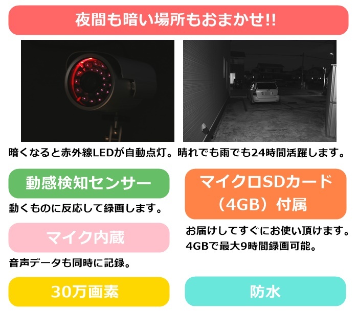 レコーダー内蔵 赤外線 防犯カメラ (動感検知センサー マイク内蔵