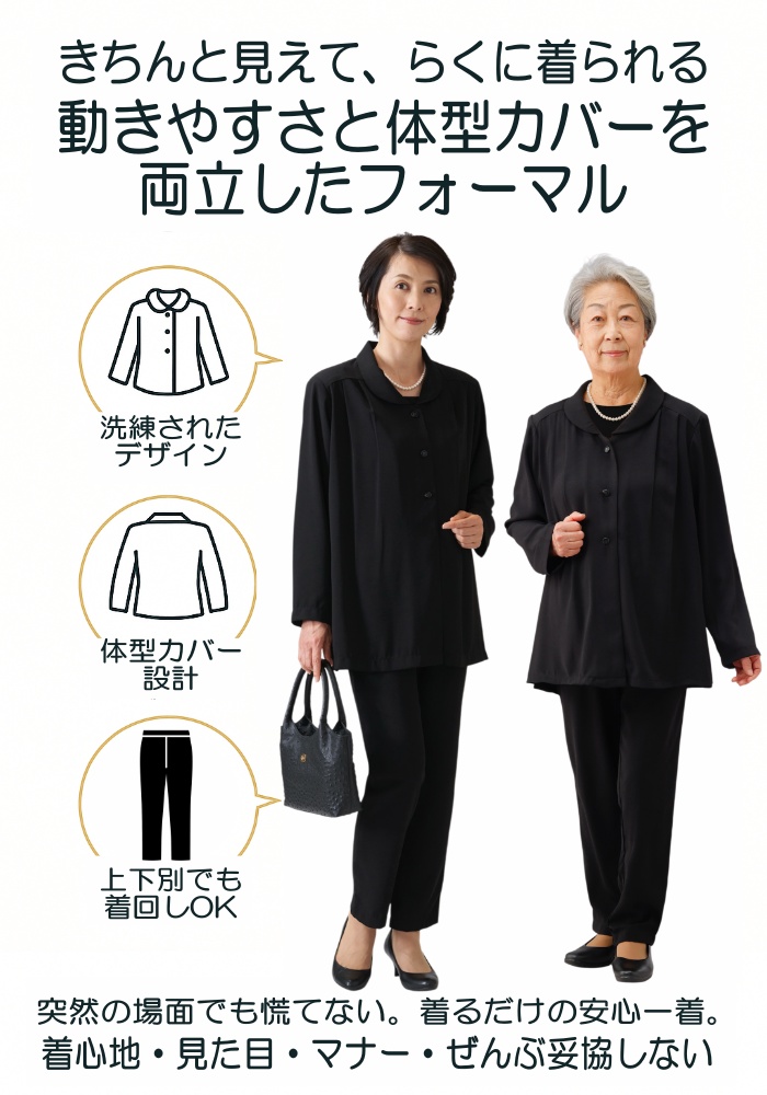 レディース フォーマルセットアップ ブラック 動きやすい 体型カバー