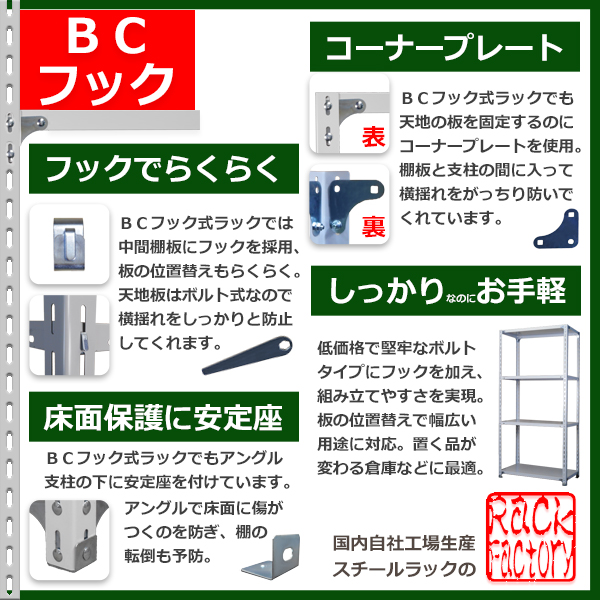 スチールラック   幅120×奥行60×高さ240cm 4段  耐荷重70kg/段 ＢＣフック式 軽量棚    W120×D60×H240cmスチールラック 業務用 収納棚 整理棚 ラック_11