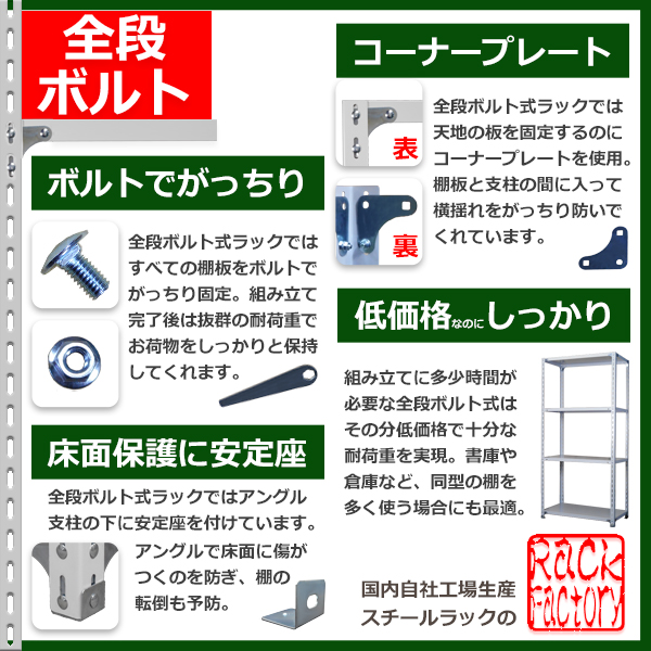 スチールラック 幅87×奥行30×高さ240cm 4段 耐荷重150kg/段 全段ボルト式 軽量棚 W87×D30×H240cmスチール棚 業務用 収納棚 整理棚 ラック_9