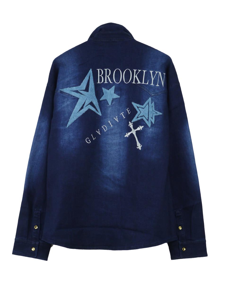 デニムシャツ 長袖 大きいサイズ メンズ ストレッチ スター 星 ロゴ 刺繍 胸ポケット GLADIATE C060819-05 デニムシャツ 長袖 大きいサイズ メンズ ストレッチ スター 星 ロゴ