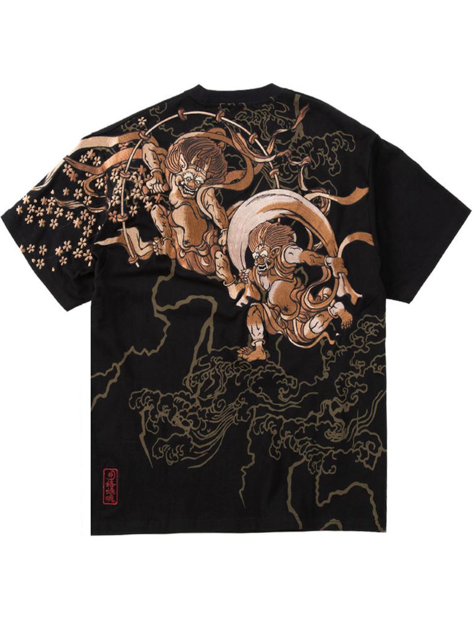 Tシャツ 風神雷神 大きいサイズ メンズ 和柄 絡繰魂 刺繍
