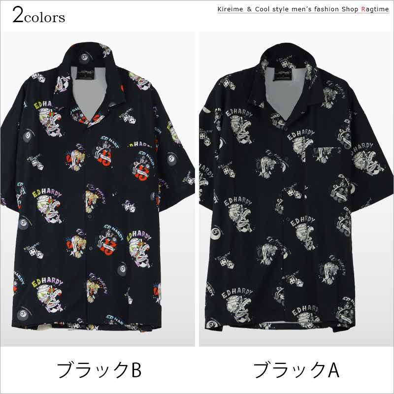オープンカラーシャツ メンズ オーバーサイズ 総柄 ED HARDY 半袖