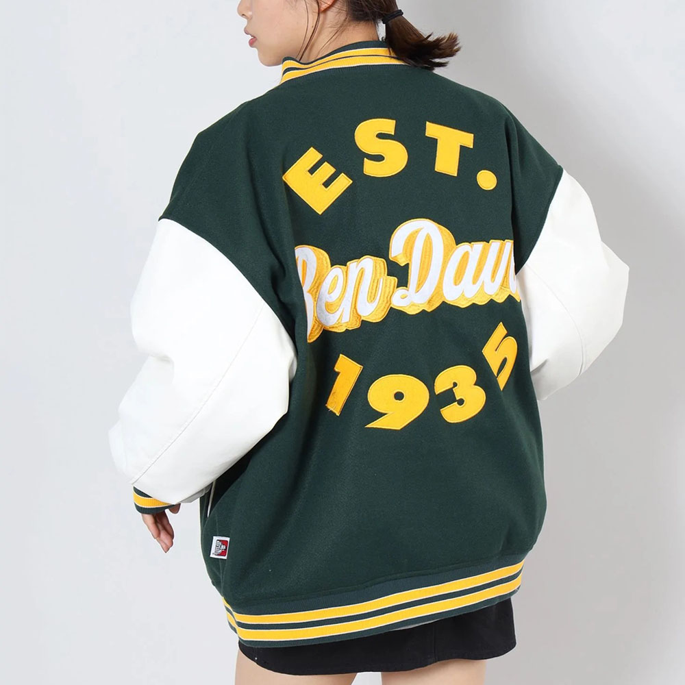 ベンデイビス BEN DAVIS スタジャン 刺繍 ワッペン 袖レザー メンズ レディース 男女兼用 90年代 古着風 グリーン BD STADIUM  JACKET 02780003