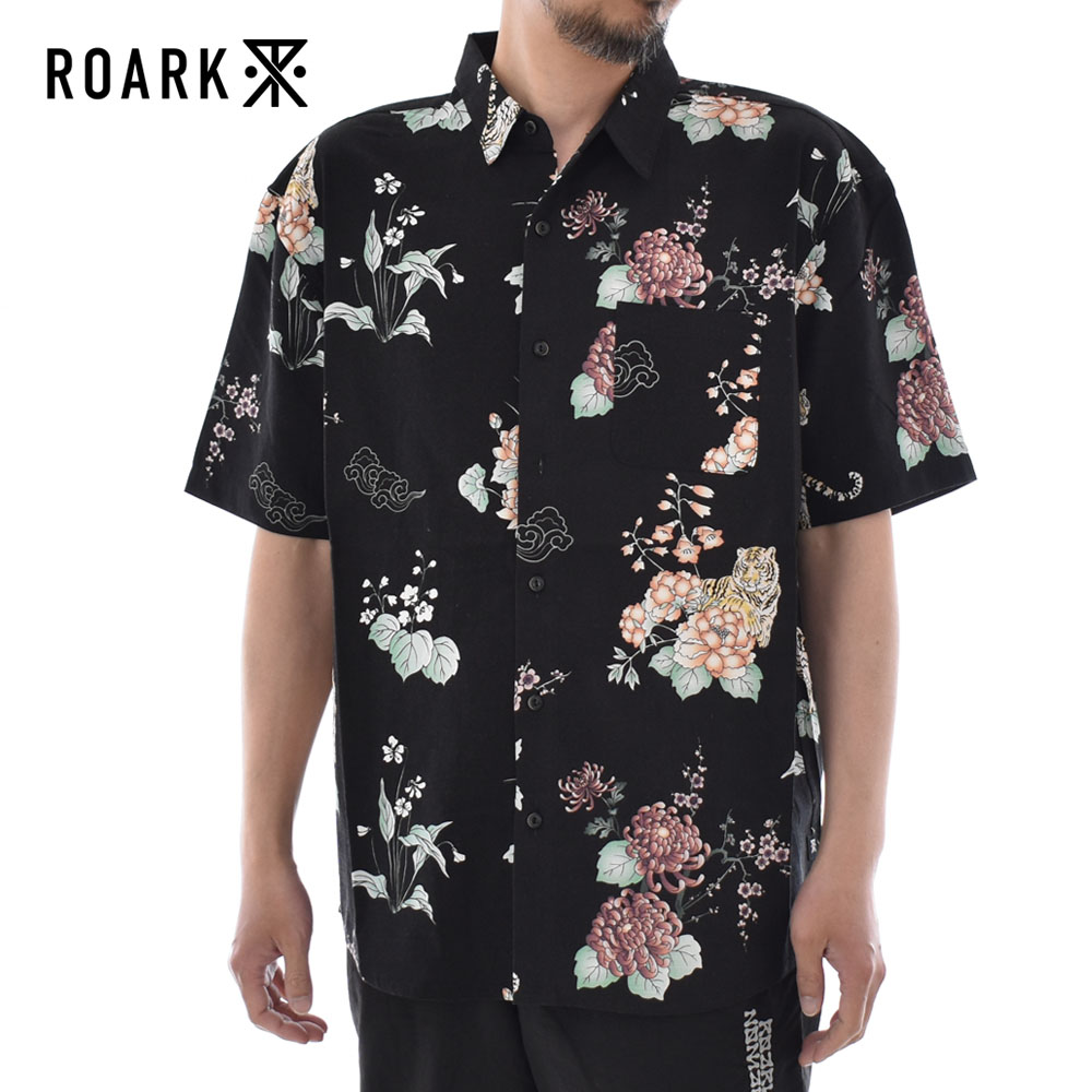 ロアーク リバイバル ROARK REVIVAL 半袖シャツ TIGER LOTUS JOURNEY SS RWJ1104 メンズ L コットン レーヨン アロハシャツ 虎柄 黒