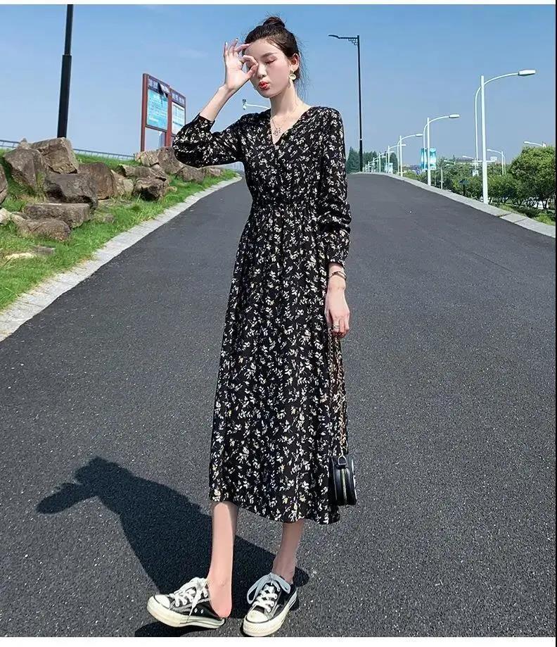 レディース ロングワンピース 黒花柄 気質 韓国 ファッション 新作