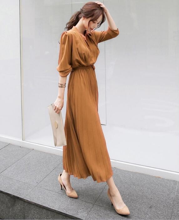 ワンピース ロング丈 長袖 フレア シフォン プリーツワンピース Aライン ベルト付き おしゃれ きれいめ 通勤 二次会 大人 20代 30代 40代 春秋 レデイース |  | 03