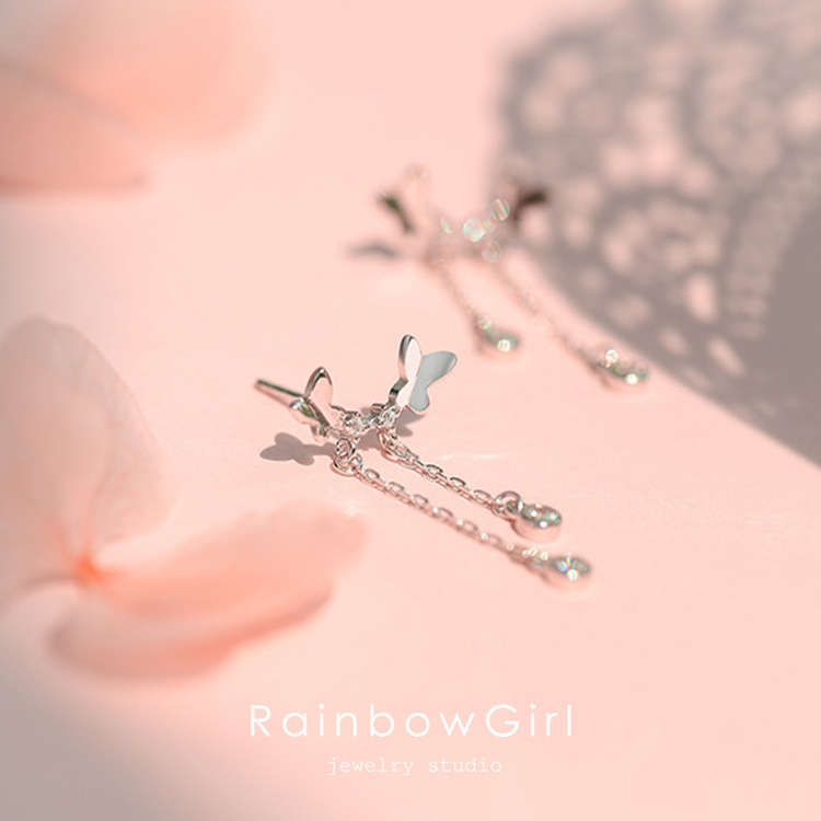 RainbowGirl フックピアス レディース 蝶々 2連 可愛い チェーン