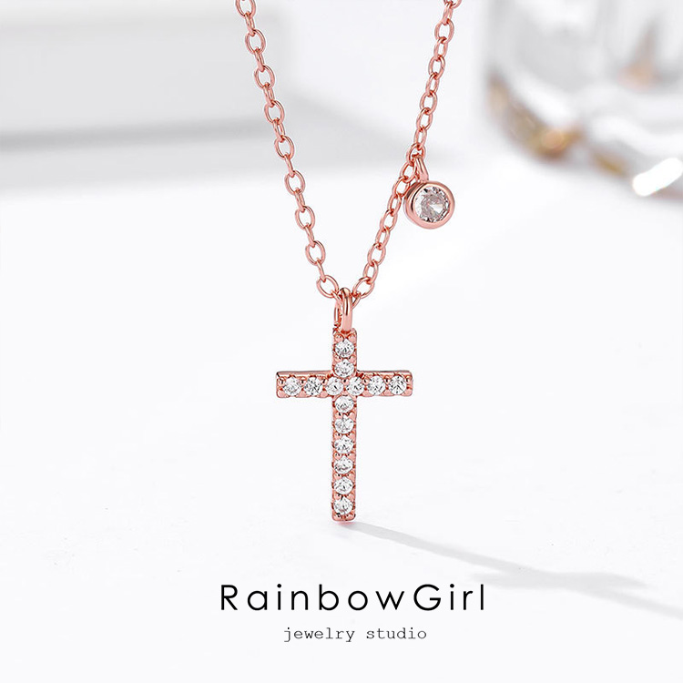 クロスネックレスRGグラデ 40 十字架　レインボー　ピンクゴールド　虹 RainbowGirl ネックレス レディース クロス 十字架 シルバー 14k