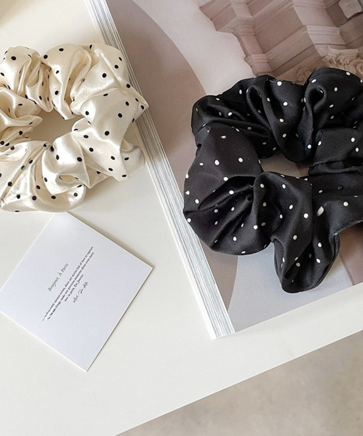 ランダムドットシュシュ　バイカラー　ヘアゴム　レディース　水玉　ドット　レーヨン シュシュ ドット柄 くしゅくしゅシフォン生地 レディース ヘア