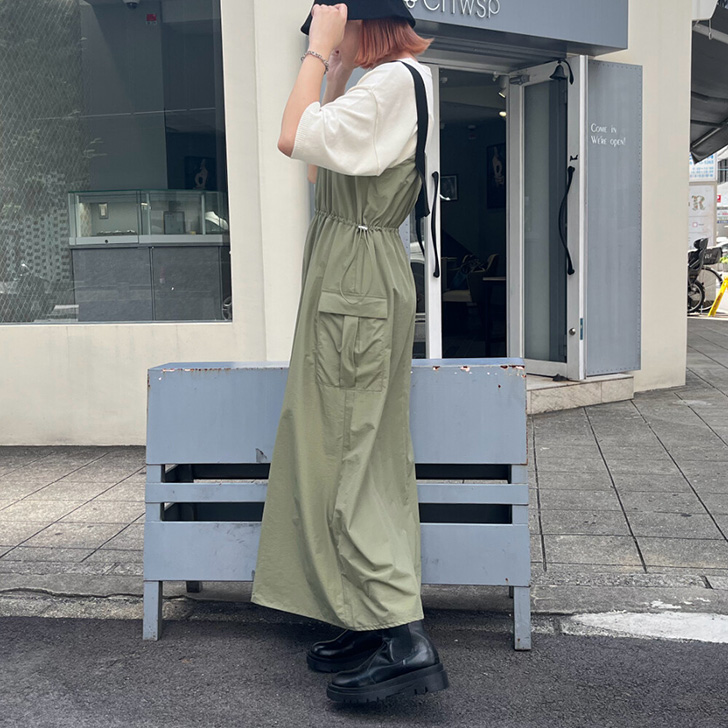 ジャンパースカート ティアード ロング 秋 ジャンスカ ナイロン