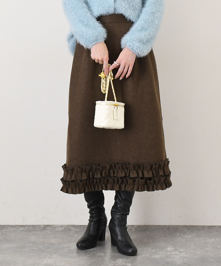 スカート ウールライク 裾フリル 秋 冬 厚手 ロング ミモレ ウエスト