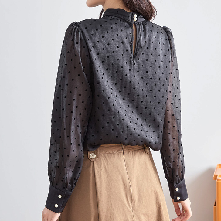ブラウス レディース 長袖 オフィス ドット柄 黒 白 リボン ボウタイ