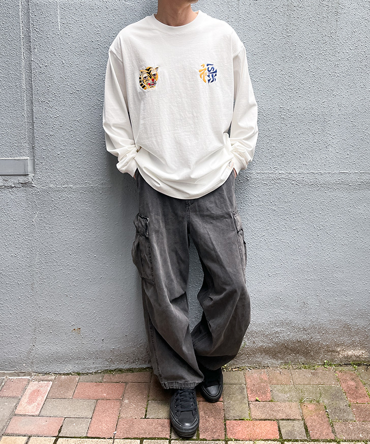 新作 カットソー メンズ 長袖 トップス HOUSTON ヒューストン 刺繍 虎 マップ 7.6オンス コットン100％ ミリタリー 丸首 22277 HOUSTON（ヒューストン） カットソー メンズ 長袖 トップス 刺繍 虎