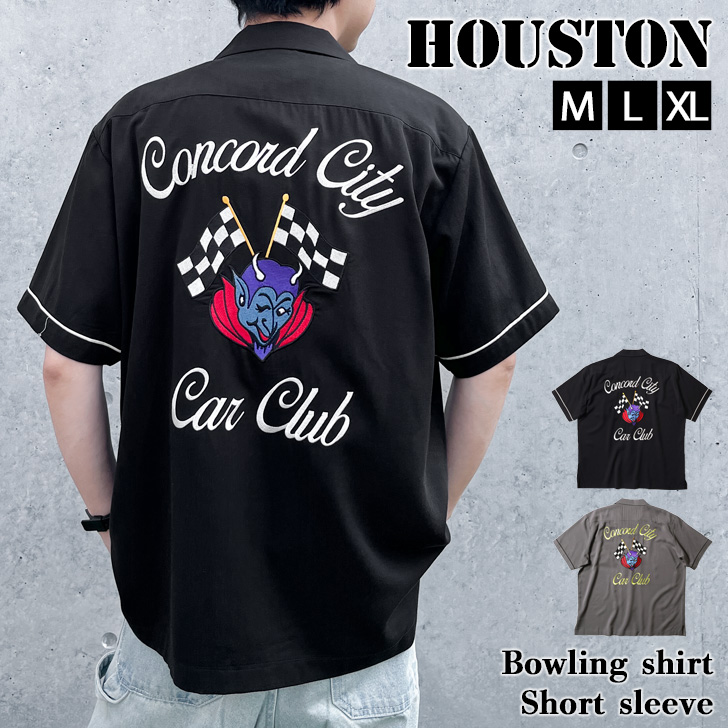 HOUSTON ボーリングシャツ　半袖シャツ　刺繍　tシャツ　Mブラック HOUSTON ヒューストン ボウリングシャツ 半袖シャツ MILWAUKEE