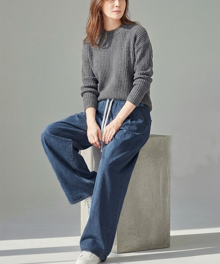 デニムパンツ レディース ワイド ウエストゴム ストレッチ 薄手