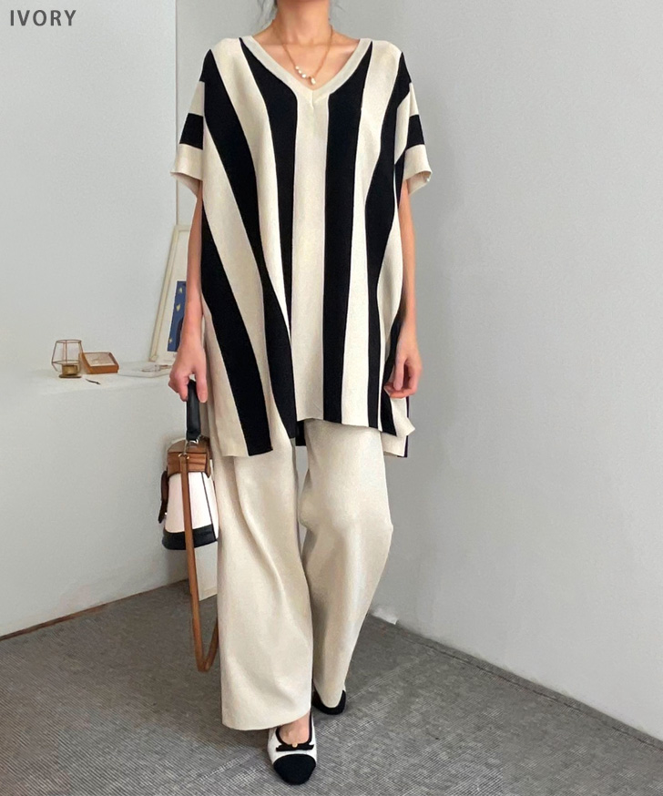新作 セットアップ レディース 春 夏 秋 半袖 カジュアル ワイドパンツ ニット 大きいサイズ ズボン トップス ボトムス 上下セット ストライプ セットアップ レディース 春 夏 秋 半袖 カジュアル ワイドパンツ