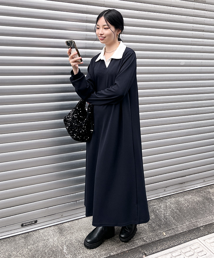 ワンピース レディース 秋 春 冬 長袖 ロング マキシ エンボス 襟付き