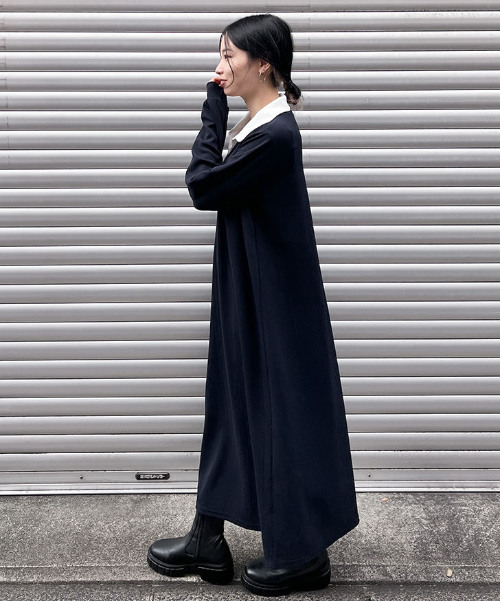 ワンピース レディース 秋 春 冬 長袖 ロング マキシ エンボス 襟付き