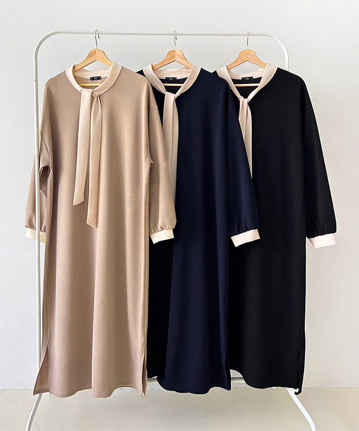 ワンピース レディース 長袖 春 夏 ロング マキシ ボウタイ リボン