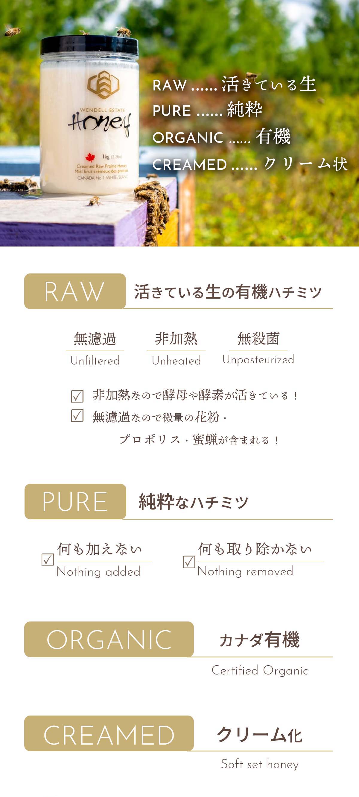 オーガニック生ハチミツ500g 酵素や酵母が活きている クリーム状Raw 有機はちみつ 無濾過・非加熱・無殺菌 花粉・プロポリス・蜜蝋が含まれた蜂蜜