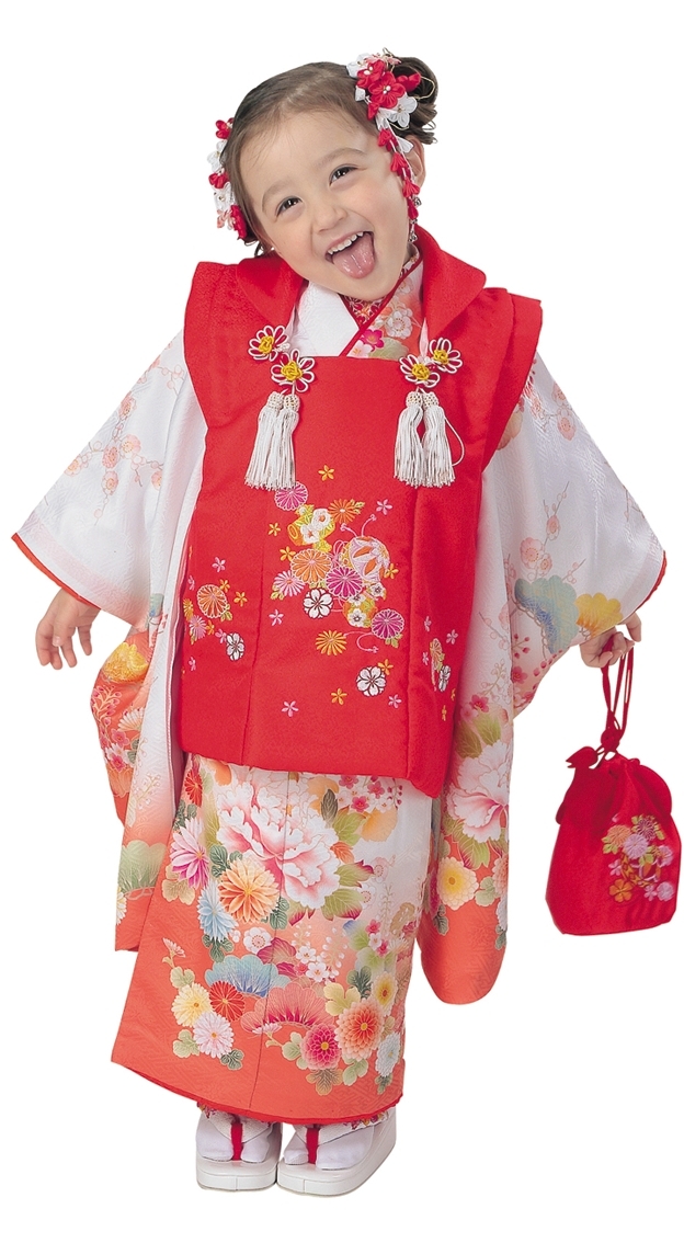 R・K 3歳 女児 被布セット 牡丹 菊 松 梅 白 対応身長95cm 七五三 7歳