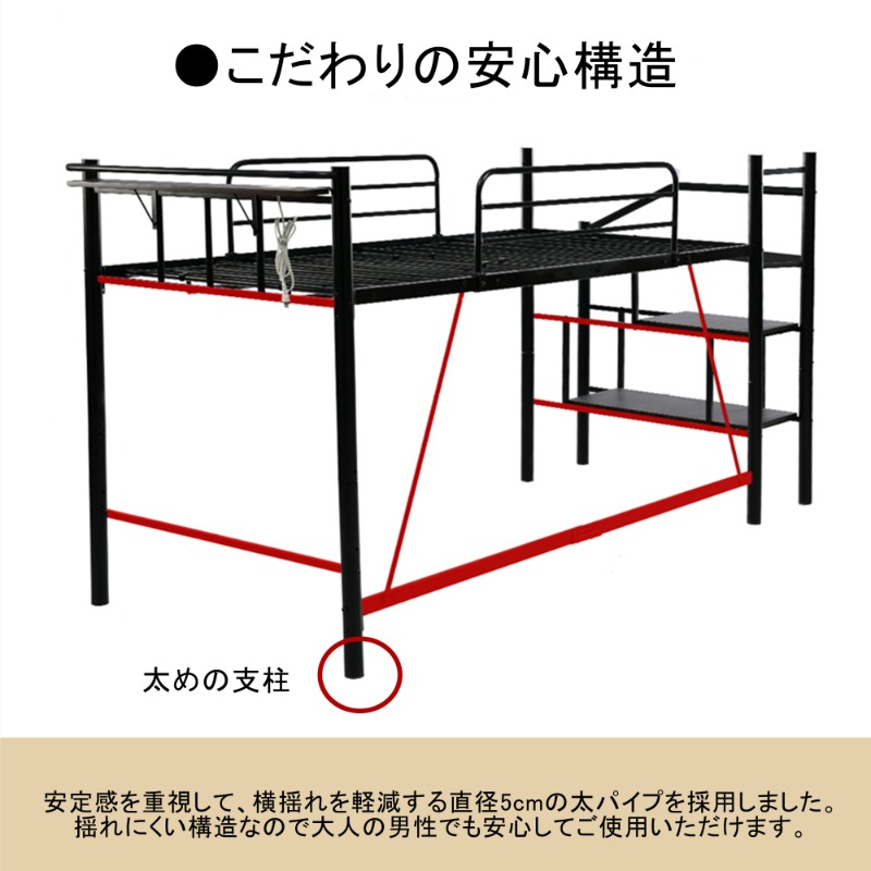 パイプ床板・Sシングル】ロフトベッド パイプベッド シングル 耐荷重
