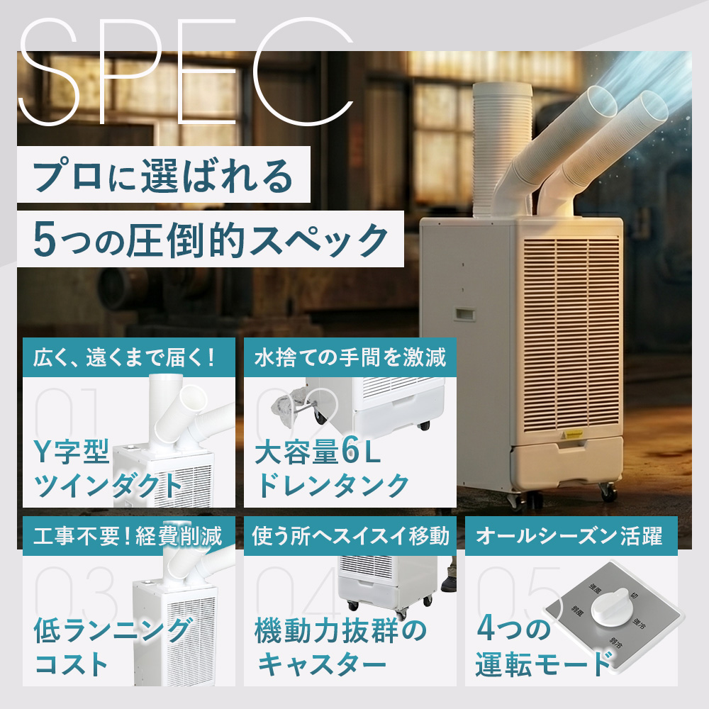 スポットクーラー 業務用 ツインダクト 2.9kW 100V 優良配送 工事不要 スポットエアコン 独立2口 冷風機 移動式 関連画像2