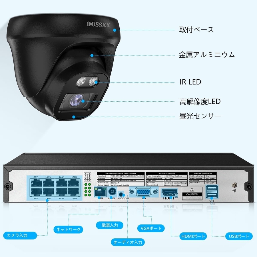 4K800万画素・ AI人体検知・音声録画】 防犯カメラ ドーム型