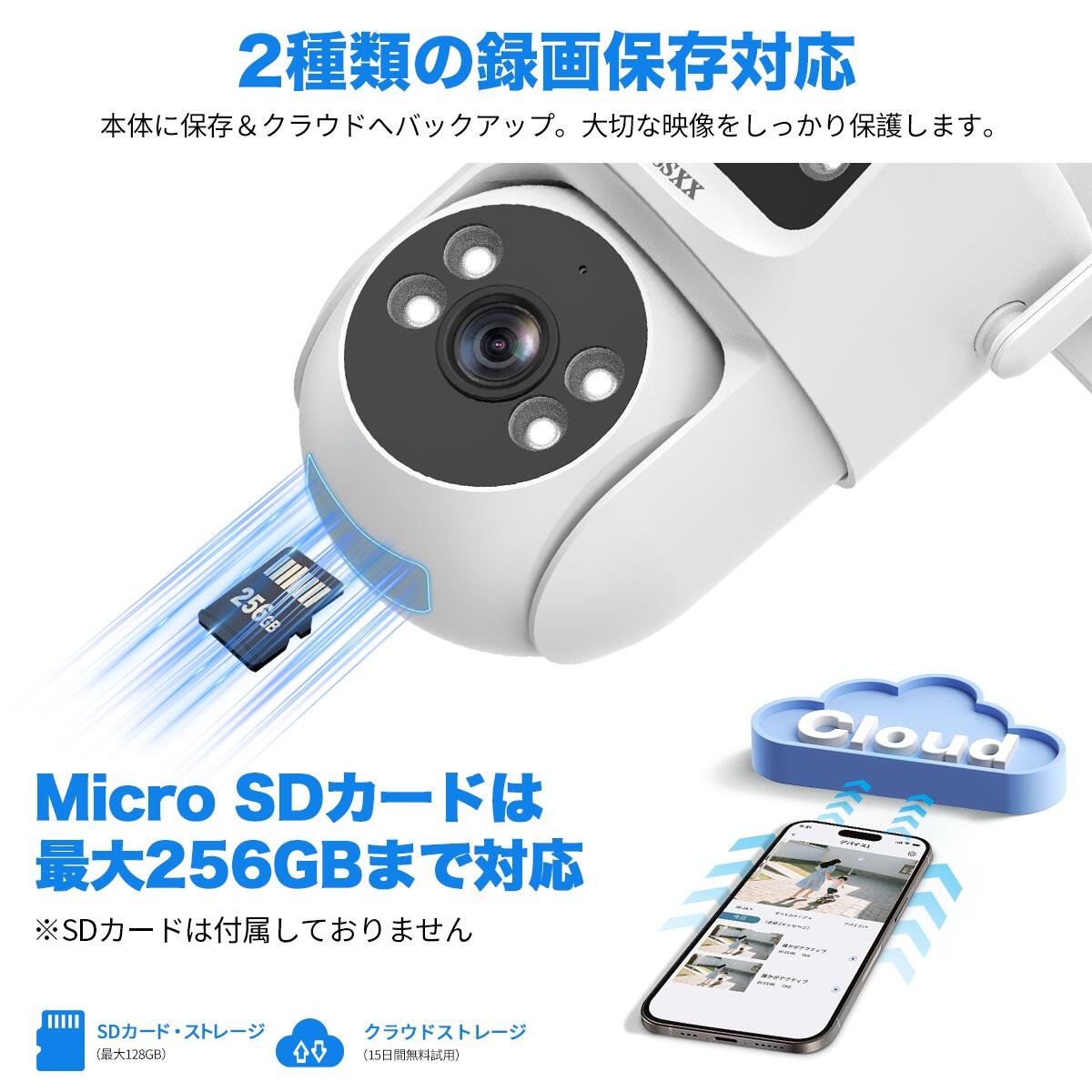 防犯カメラ 屋外 家庭用 パンチルト制御 2目 ワイヤレスカメラ wifi