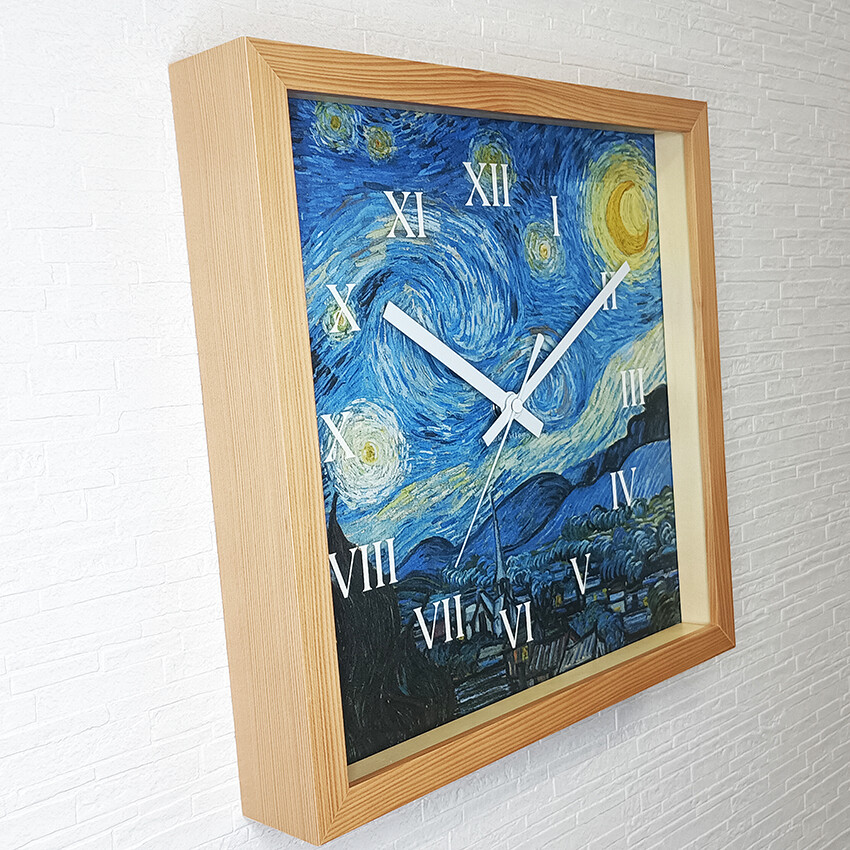 壁掛け時計 名画 ゴッホ 星月夜 アートクロック 木製 日本製 静音