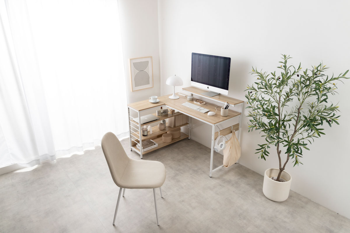 デスク 机 おしゃれ ナチュラルモダン 棚 ワークテーブル ラック L字