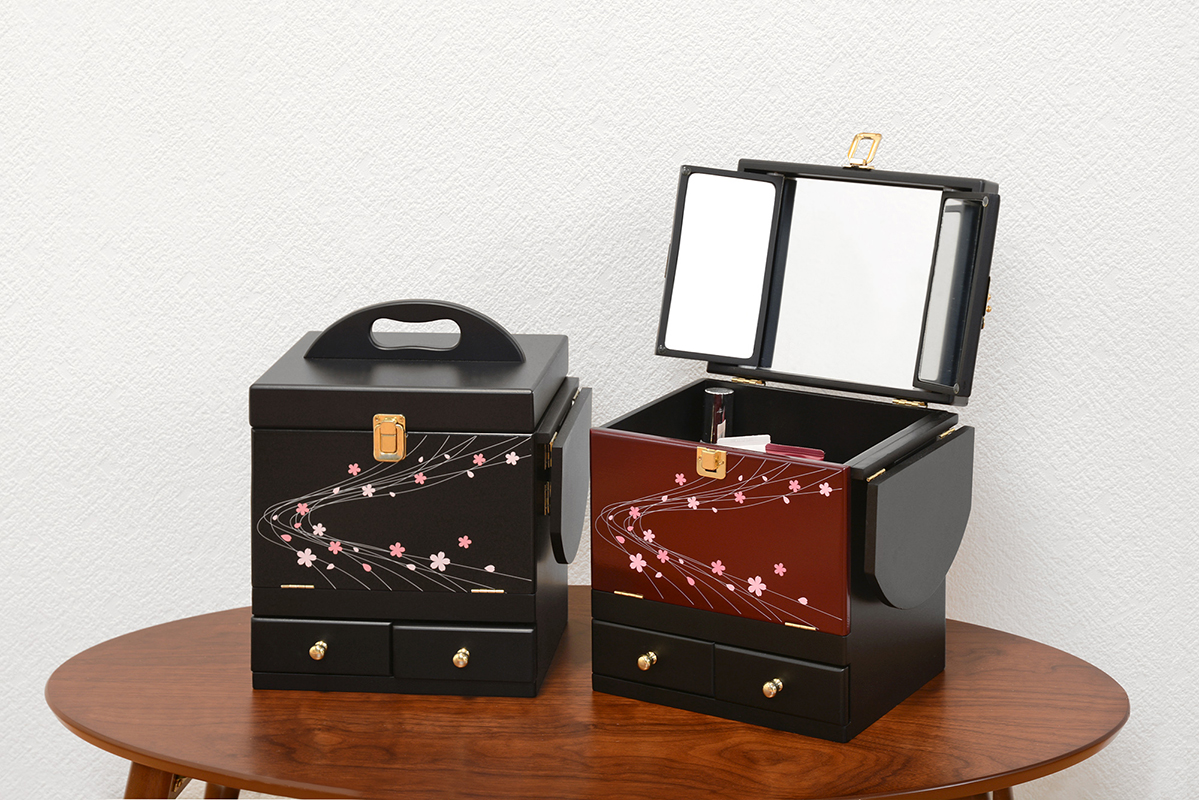 コスメボックス 三面鏡 蒔絵調 桜柄 木製 メイクボックス 和風 日本風