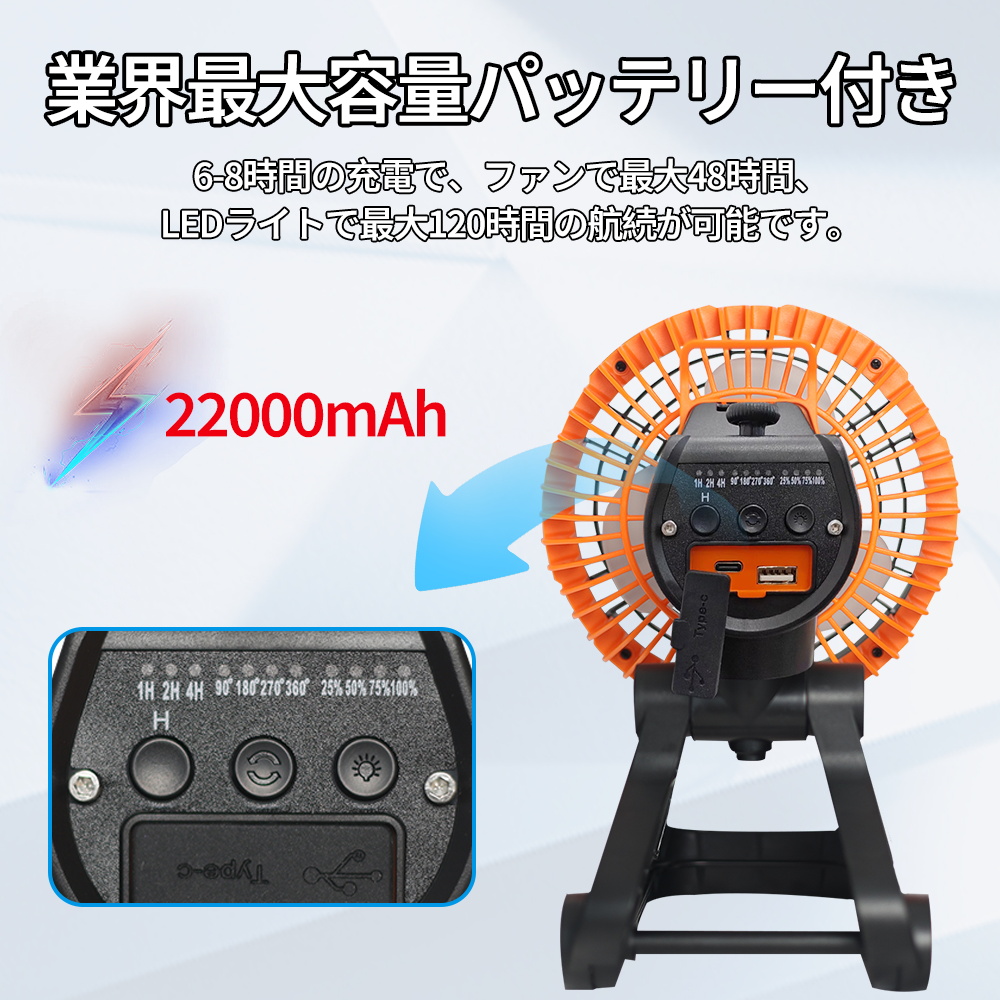 扇風機 アウトドア 扇風機 キャンプ 充電式 軽量 低騒音 扇風機 DCモーター 22000ｍAhバッテリー 無段階風量調節 LEDライト 4段階調節 充電式 タイマー機能｜rallyshop｜07