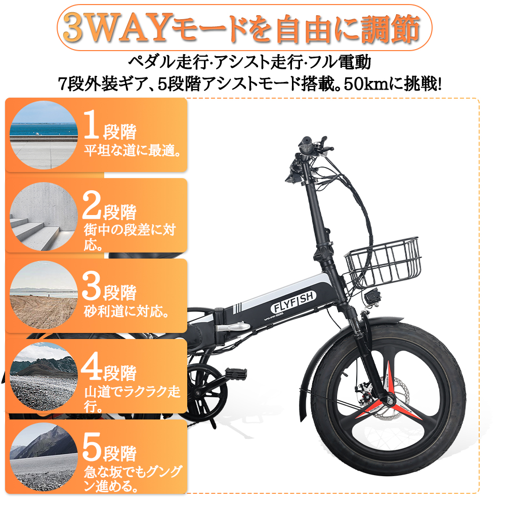 フル電動自転車 アクセル付き 20インチ FLYFISH 電動自転車 折りたたみ